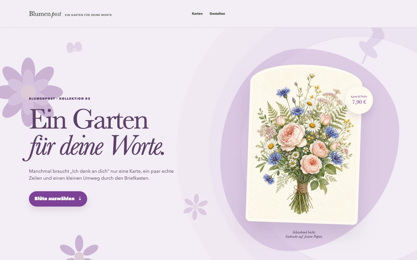The finished Paper Flowers postcard shop demo with a purple botanical interface.