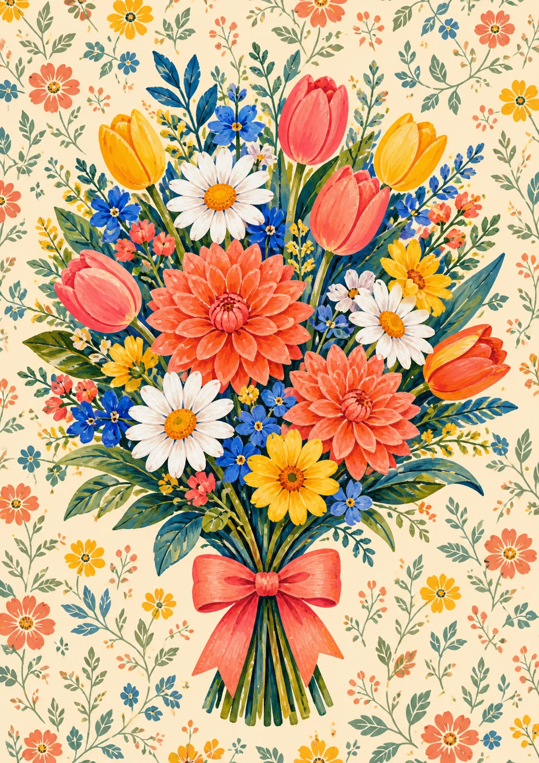 Farbenfroher Blumenstrauß im Stil einer 80er-Jahre-Tapete