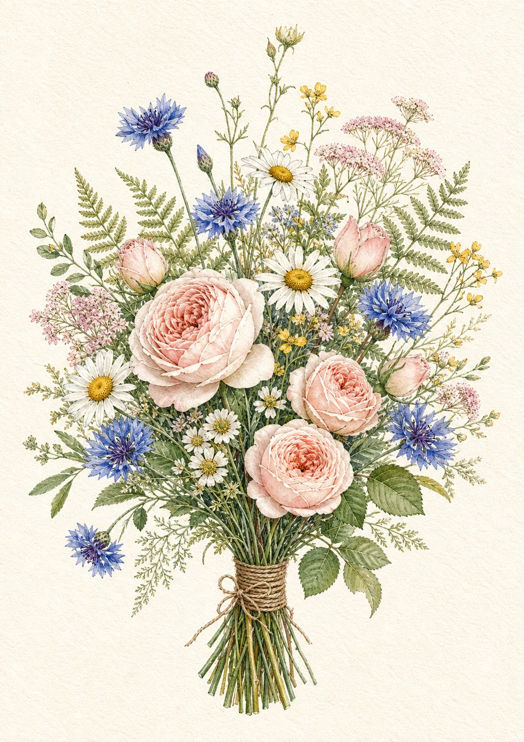 Botanische Postkarte mit zarten Rosen und Kornblumen